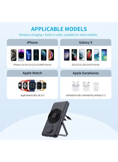 10000mAh Power Bank Magnetic Wireless Charger For iPhone, iWatch, AirPods With Bracket &amp; 2 Cables (L14 x W7 x H2)cm - Black