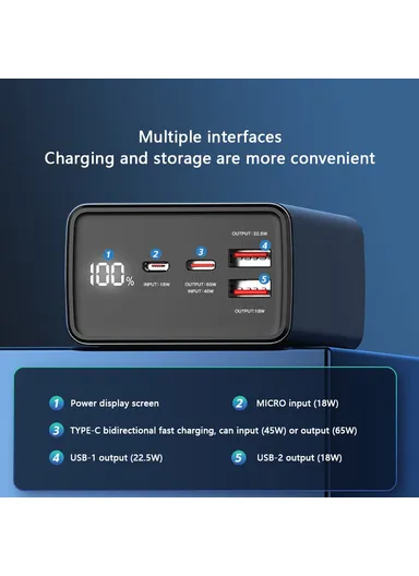 30000mAh 65W PD Fast Charging Power Bank Phone Charger External Battery T146LP (L16 x W5 x H4.5)cm