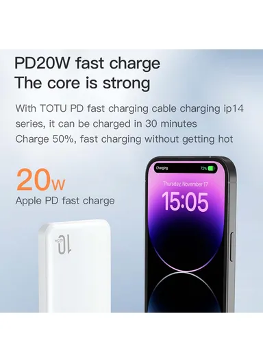 10000mAh 20W PD Fast Charging Power Bank Portable Phone Charger External Battery Pack - White