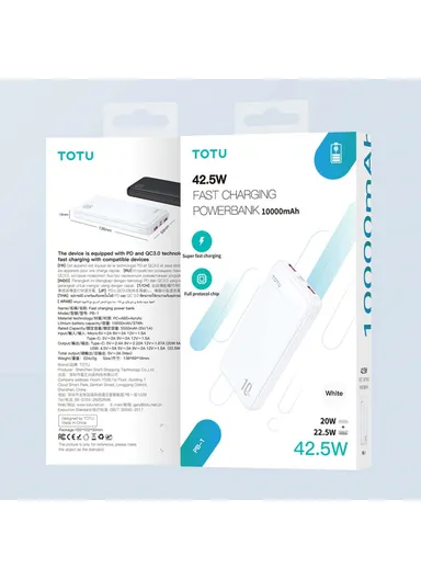10000mAh 20W PD Fast Charging Power Bank Portable Phone Charger External Battery Pack - White