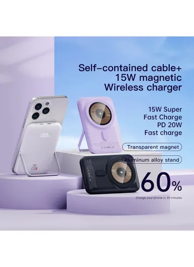 10000mAh 20W Wireless Portable Fast Charging Magnetic Power Bank With Foldable Stand Q15 - Dark Blue