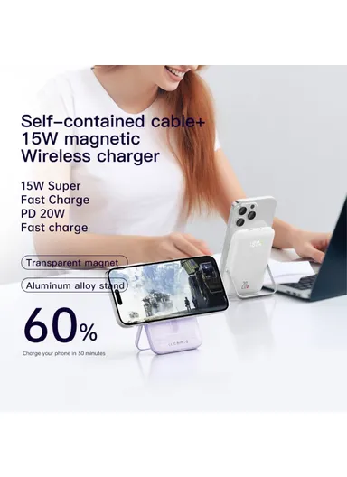 10000mAh 20W Wireless Portable Fast Charging Magnetic Power Bank With Foldable Stand Q15 - Dark Blue
