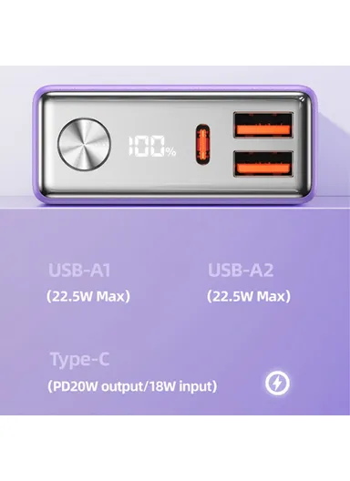 10000mAh 20W PD + QC3.0 Digital Display Fast Charging ABS Power Bank 22.5W Phone External Battery Nebula Series US-CD192 (L8 x W6 x H2)cm - Black