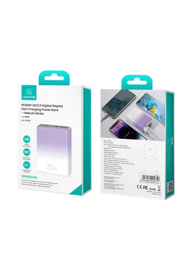 10000mAh 20W PD + QC3.0 Digital Display Fast Charging ABS Power Bank 22.5W Phone External Battery Nebula Series US-CD192 (L8 x W6 x H2)cm - Gradient Purple