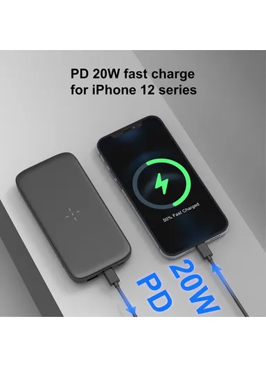15W Wireless Charger 10000mAh Power Bank PD 20W / QC 22.5W Portable Charger Cell Phone External Battery Pack With Indicator Lights C1016W (L14 x W7 x H2)cm - Black
