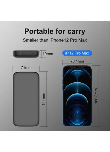 15W Wireless Charger 10000mAh Power Bank PD 20W / QC 22.5W Portable Charger Cell Phone External Battery Pack With Indicator Lights C1016W (L14 x W7 x H2)cm - Black