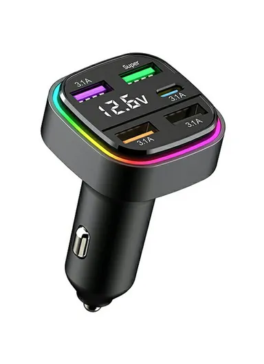 5 Port USB Car Charger(4 USB+Type C) Cigarette Lighter Adapter with LED Display K34 - Black