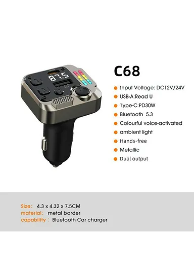 30W Bluetooth FM Transmitter Car Adapter PD Dual Port Car Charger Music Player Hands-Free Call C68 