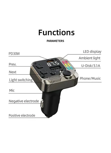 30W Bluetooth FM Transmitter Car Adapter PD Dual Port Car Charger Music Player Hands-Free Call C68 