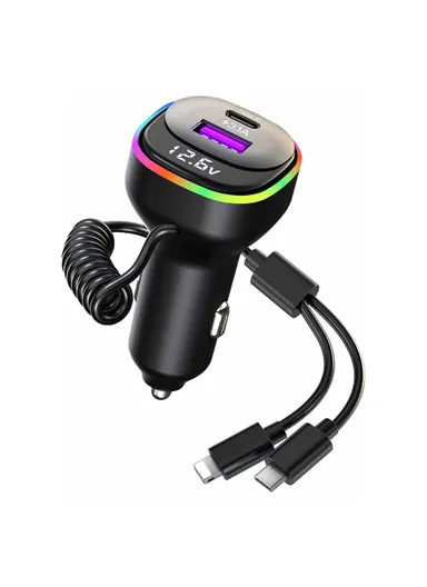 K2S PD 65W Phone Fast Charging Adapter USB+Type-C Car Charger with Type-C / 8-Pin Spring Cable
