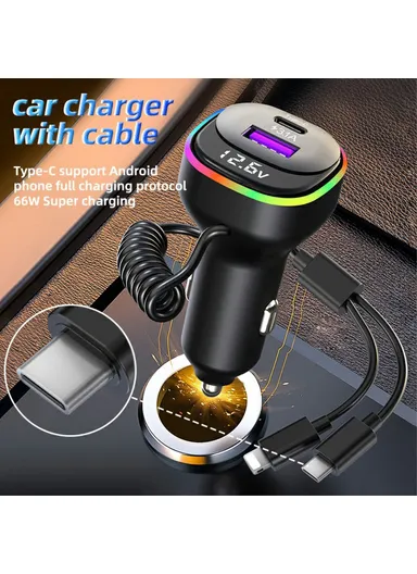K2S PD 65W Phone Fast Charging Adapter USB+Type-C Car Charger with Type-C / 8-Pin Spring Cable
