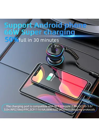 K2S PD 65W Phone Fast Charging Adapter USB+Type-C Car Charger with Type-C / 8-Pin Spring Cable