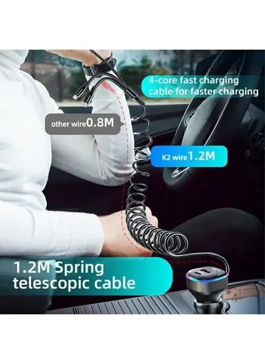 K2S PD 65W Phone Fast Charging Adapter USB+Type-C Car Charger with Type-C / 8-Pin Spring Cable