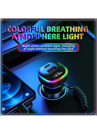 K2S PD 65W Phone Fast Charging Adapter USB+Type-C Car Charger with Type-C / 8-Pin Spring Cable