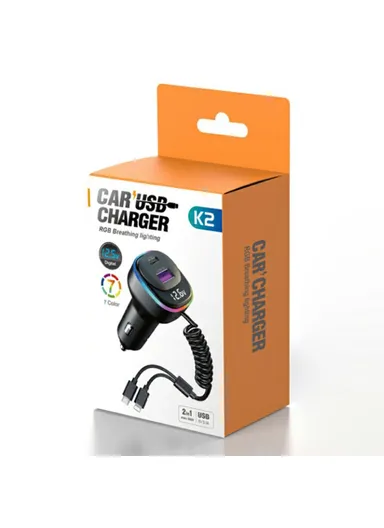 K2S PD 65W Phone Fast Charging Adapter USB+Type-C Car Charger with Type-C / 8-Pin Spring Cable