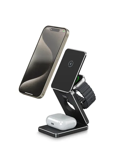 AK30 3-in-1 Foldable Charging Stand Phone Watch Earphone Aluminum Alloy 15W Magnetic Wireless Charger