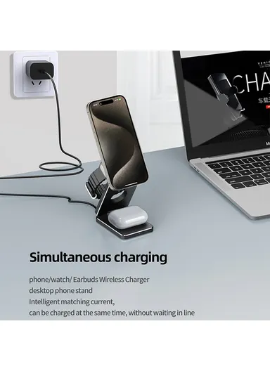 AK30 3-in-1 Foldable Charging Stand Phone Watch Earphone Aluminum Alloy 15W Magnetic Wireless Charger