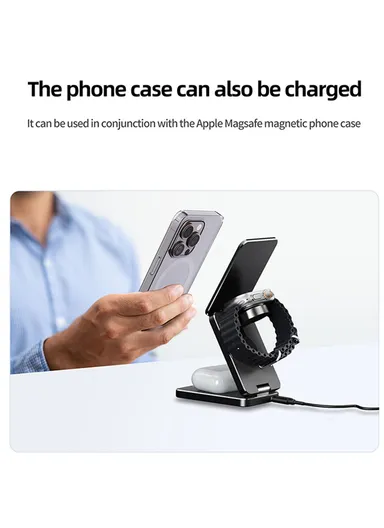AK30 3-in-1 Foldable Charging Stand Phone Watch Earphone Aluminum Alloy 15W Magnetic Wireless Charger