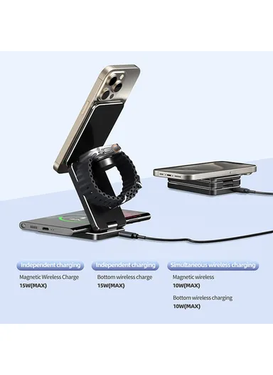 AK30 3-in-1 Foldable Charging Stand Phone Watch Earphone Aluminum Alloy 15W Magnetic Wireless Charger