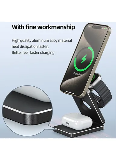 AK30 3-in-1 Foldable Charging Stand Phone Watch Earphone Aluminum Alloy 15W Magnetic Wireless Charger
