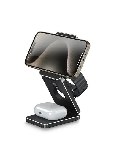 AK30 3-in-1 Foldable Charging Stand Phone Watch Earphone Aluminum Alloy 15W Magnetic Wireless Charger