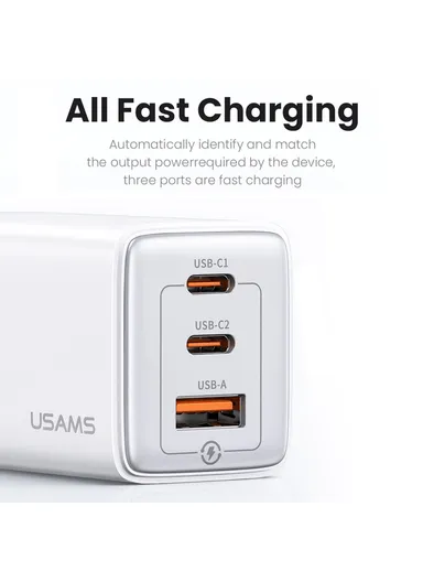 65W Sandru Series 3 Ports GaN Fast Charger Block 2USB-C+1USB-A Wall Charger, US-CC180 - White