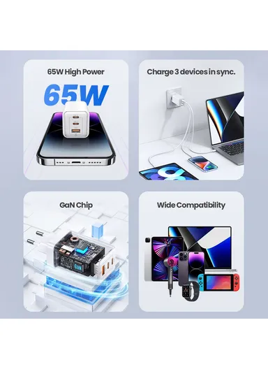 65W Sandru Series 3 Ports GaN Fast Charger Block 2USB-C+1USB-A Wall Charger, US-CC180 - White