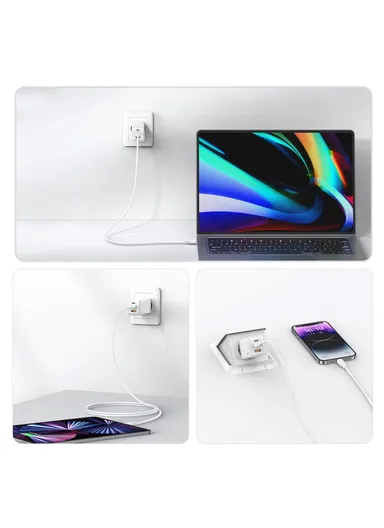 65W Sandru Series 3 Ports GaN Fast Charger Block 2USB-C+1USB-A Wall Charger, US-CC180 - White