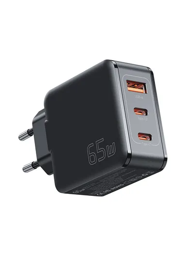 65W Multi-Port GaN Quick Charger 2 USB-C+USB-A Portable Mini Wall Charger Adapter - EU Plug / Black