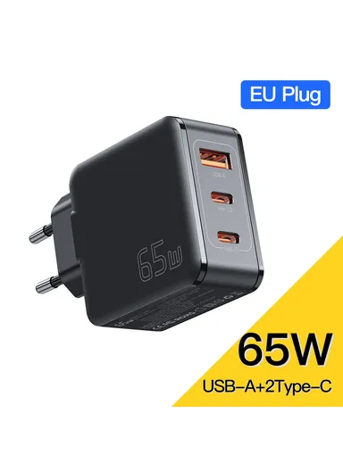 65W Multi-Port GaN Quick Charger 2 USB-C+USB-A Portable Mini Wall Charger Adapter - EU Plug / Black