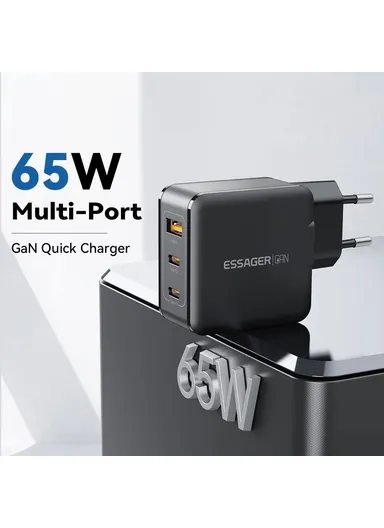 65W Multi-Port GaN Quick Charger 2 USB-C+USB-A Portable Mini Wall Charger Adapter - EU Plug / Black