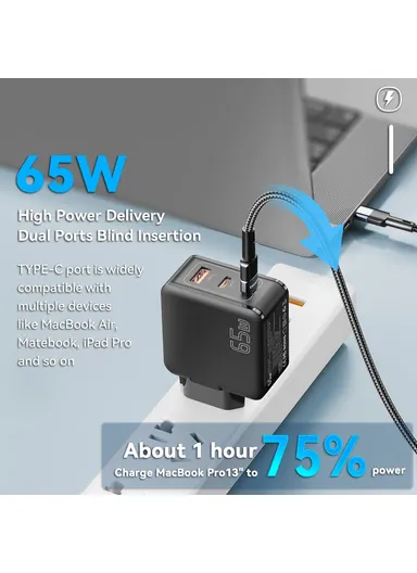 65W Multi-Port GaN Quick Charger 2 USB-C+USB-A Portable Mini Wall Charger Adapter - EU Plug / Black
