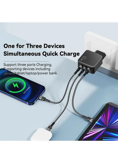 65W Multi-Port GaN Quick Charger 2 USB-C+USB-A Portable Mini Wall Charger Adapter - EU Plug / Black