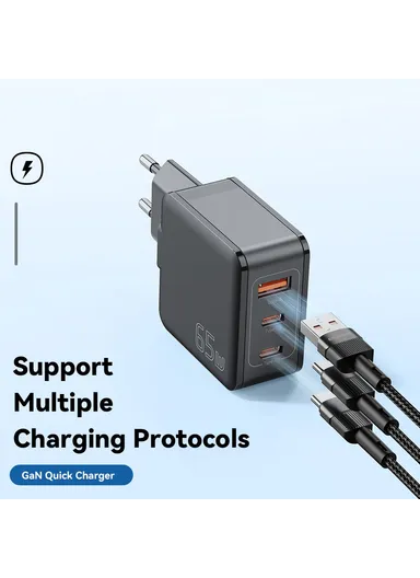 65W Multi-Port GaN Quick Charger 2 USB-C+USB-A Portable Mini Wall Charger Adapter - EU Plug / Black