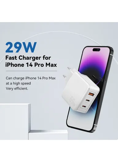 65W Multi-Port GaN Quick Charger 2 USB-C+USB-A Portable Mini Wall Charger Adapter - EU Plug / Black