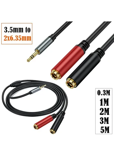 0.3m 3.5mm Male Stereo TRS to Two 6.35mm 1/4 Inch TS Female Stereo Breakout Cable Y Splitter Cable