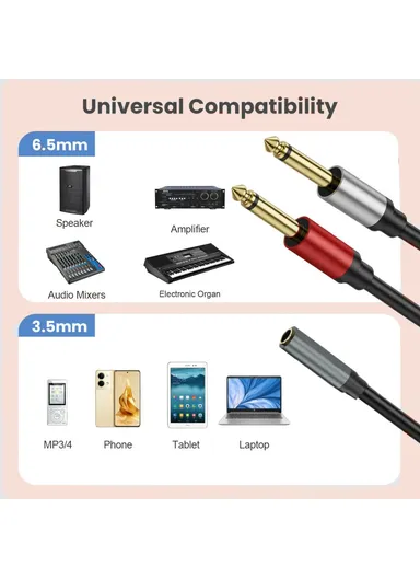 1m 6.35mm Stereo Female TRS to Dual 1/4 Inch Male Mono Y Splitter Breakout Cable Patch Cord