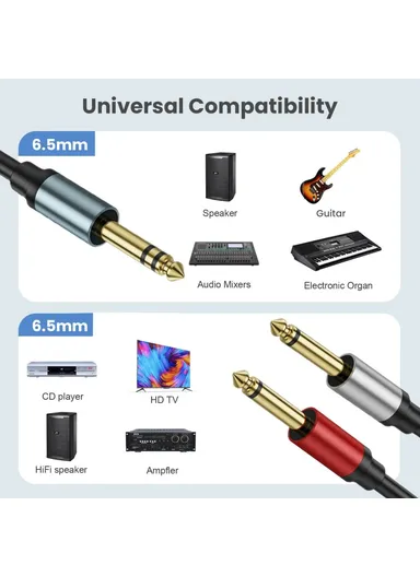 1m 1/4 Inch TRS Stereo Y-Splitter Cord 6.35mm Male Jack to Dual 6.35mm Male TS Mono Audio Cable