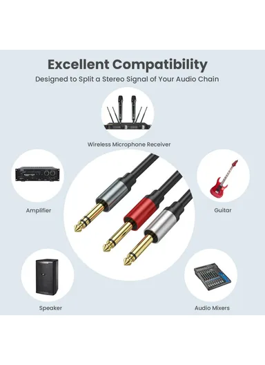 1m 1/4 Inch TRS Stereo Y-Splitter Cord 6.35mm Male Jack to Dual 6.35mm Male TS Mono Audio Cable