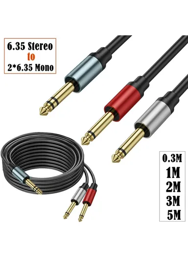 1m 1/4 Inch TRS Stereo Y-Splitter Cord 6.35mm Male Jack to Dual 6.35mm Male TS Mono Audio Cable