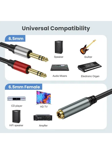 3m 6.35mm Female Jack to 2x 1/4 Inch Male Plug Stereo Audio Adapter Speaker Y Splitter Cable
