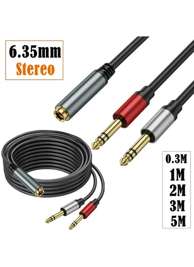 5m 6.35mm Female Jack to 2x 1/4 Inch Male Plug Stereo Audio Adapter Speaker Y Splitter Cable