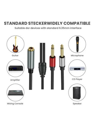 1m 6.35mm TRS Stereo Female to Dual 6.35mm Male TS Mono Jack Audio Speaker Splitter Cable