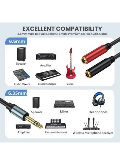 1m 1/4 Inch TRS Stereo Splitter Y Cable 6.35mm Stereo Male Plug to Dual 6.35mm Female Jack Wire