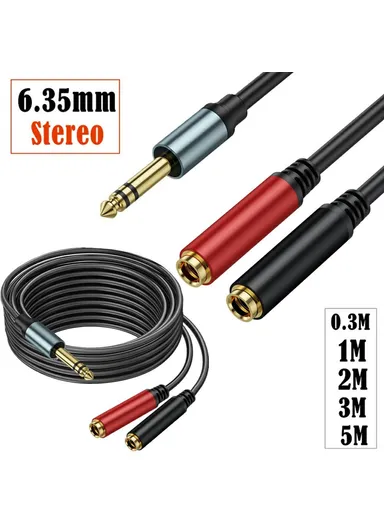 0.3m 1/4 Inch TRS Stereo Splitter Y Cable 6.35mm Stereo Male Plug to Dual 6.35mm Female Jack Wire