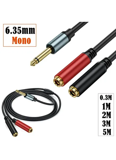 2m 1/4 Inch TS Mono Splitter Y Cable 6.35mm Mono Male Plug to Dual 1/4 Inch 6.35mm Female Jack Wire