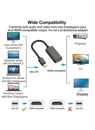 Plug &amp; Play 4K 30Hz Video Output Mini DP to HD Male to Female Adapter Cable AD007 - White