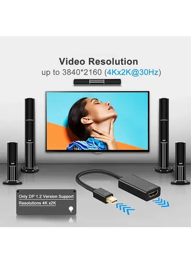 Plug &amp; Play 4K 30Hz Video Output Mini DP to HD Male to Female Adapter Cable AD007 - White