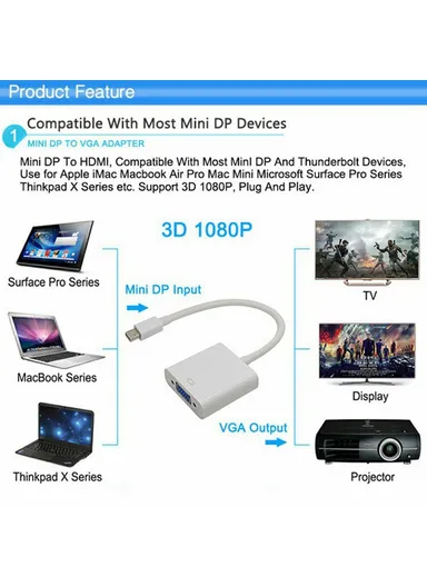 1080P / 60Hz Mini DP Male to VGA Female Adapter Cable for MacBook PC AD006