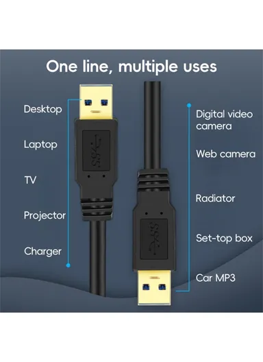 1m USB 3.0 Male to Male Mobile Hard Drive Box Data Cable Laptop Radiator Extension Cord - Black